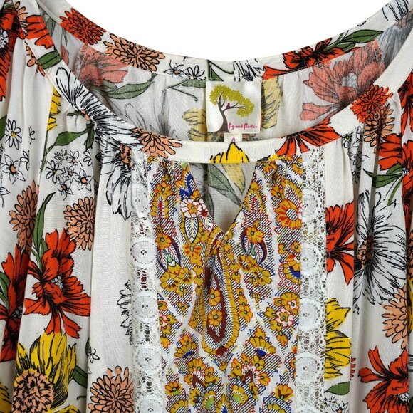 Anthropologie Fig and Flower Floral Blouse Lace Mixed Media Lace Boho Coastal L - Picture 2 of 11
